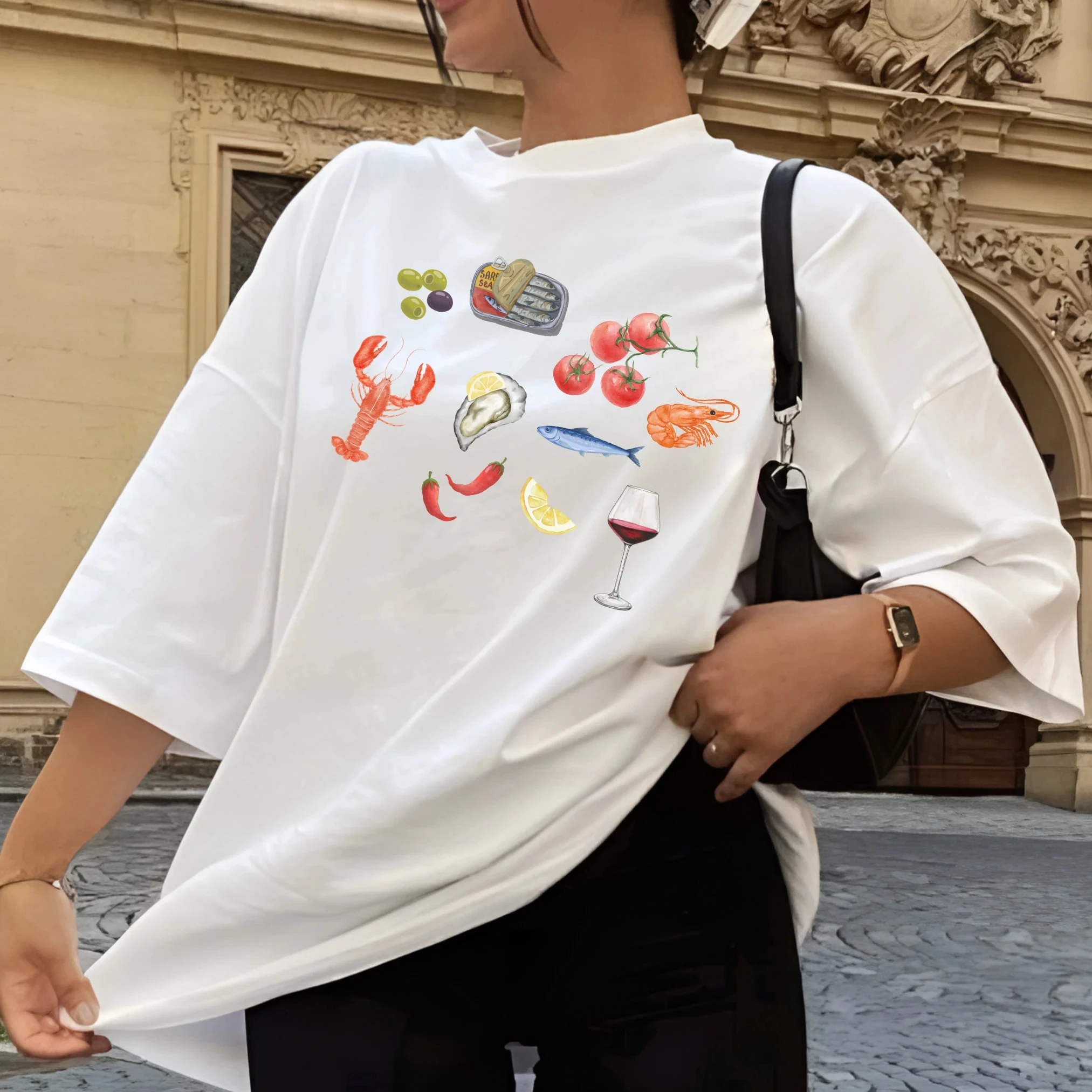 Cute Cartoon Seafood Buffet Print Female Shirt New Hot Sale Fashion Summer Casual Relaxed Print Women T-shirt Trend Simple Tee