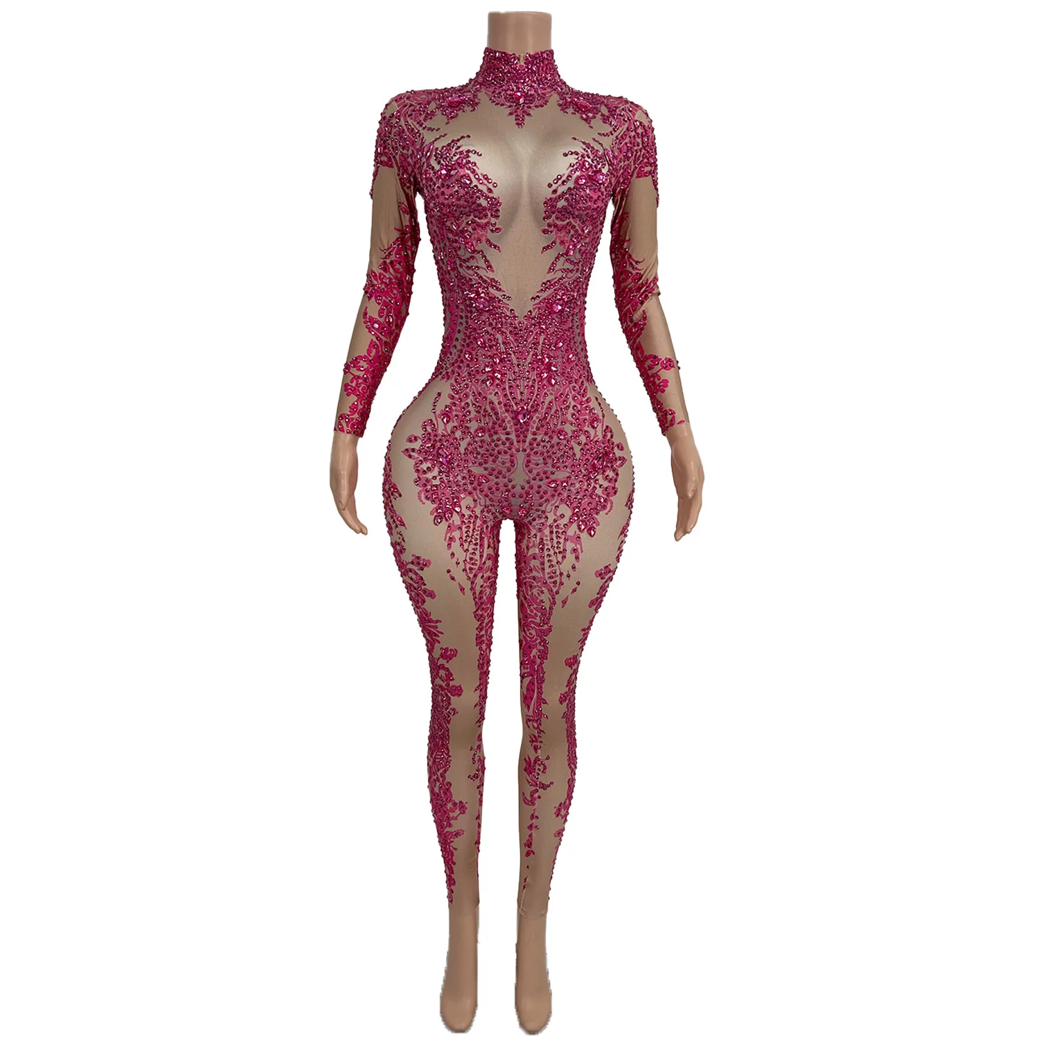 New Long Sleeved Jumpsuit Pink Print Rhinestone Street Sports Style Tight Pants Gymnastics Acrobatics Performance Clothes xth