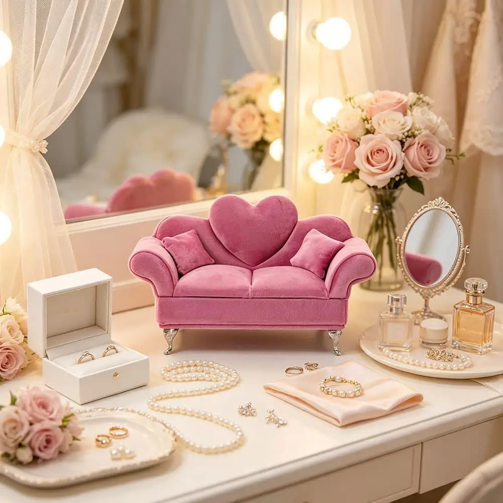 Elegant Fabric Sofa Shaped Jewelry Box Pink Mini Couch With Mirror Ring Earring Bracelet Display Stand Luxury Jewelry Holder
