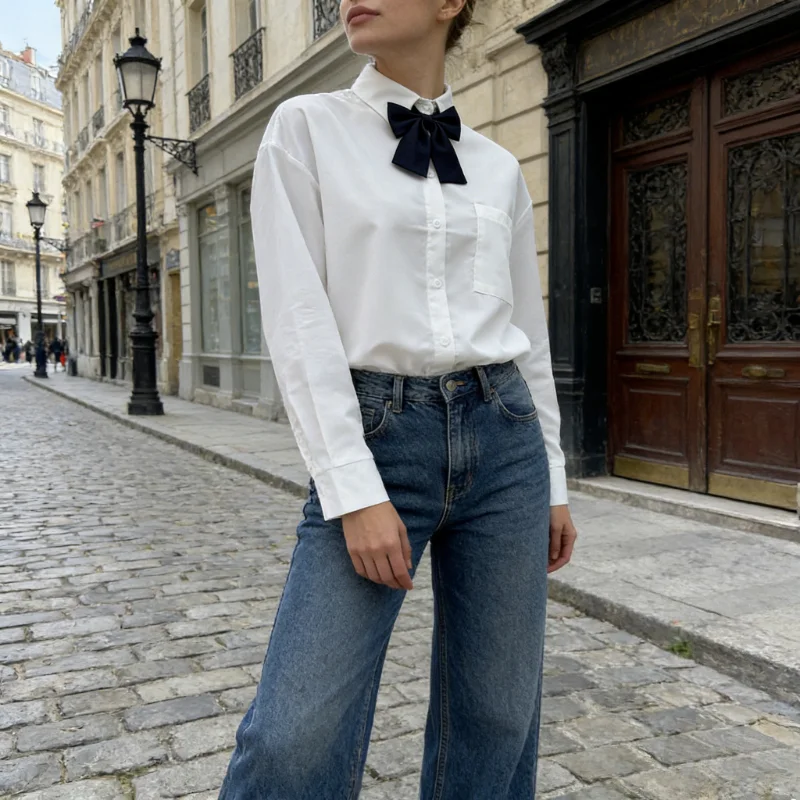 

E-BAIHUI College Style Women's Shirt Long Sleeved Single Pocket Front Open Button Down Shirts Commuting Woman Casual Loose Top