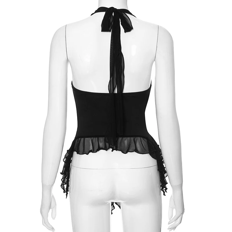 OMSJ Summer Black canotte Sexy senza maniche Hot Girls allacciatura Camis Halter Ruffles nappa Design Chic Open Back Cropped Top gilet