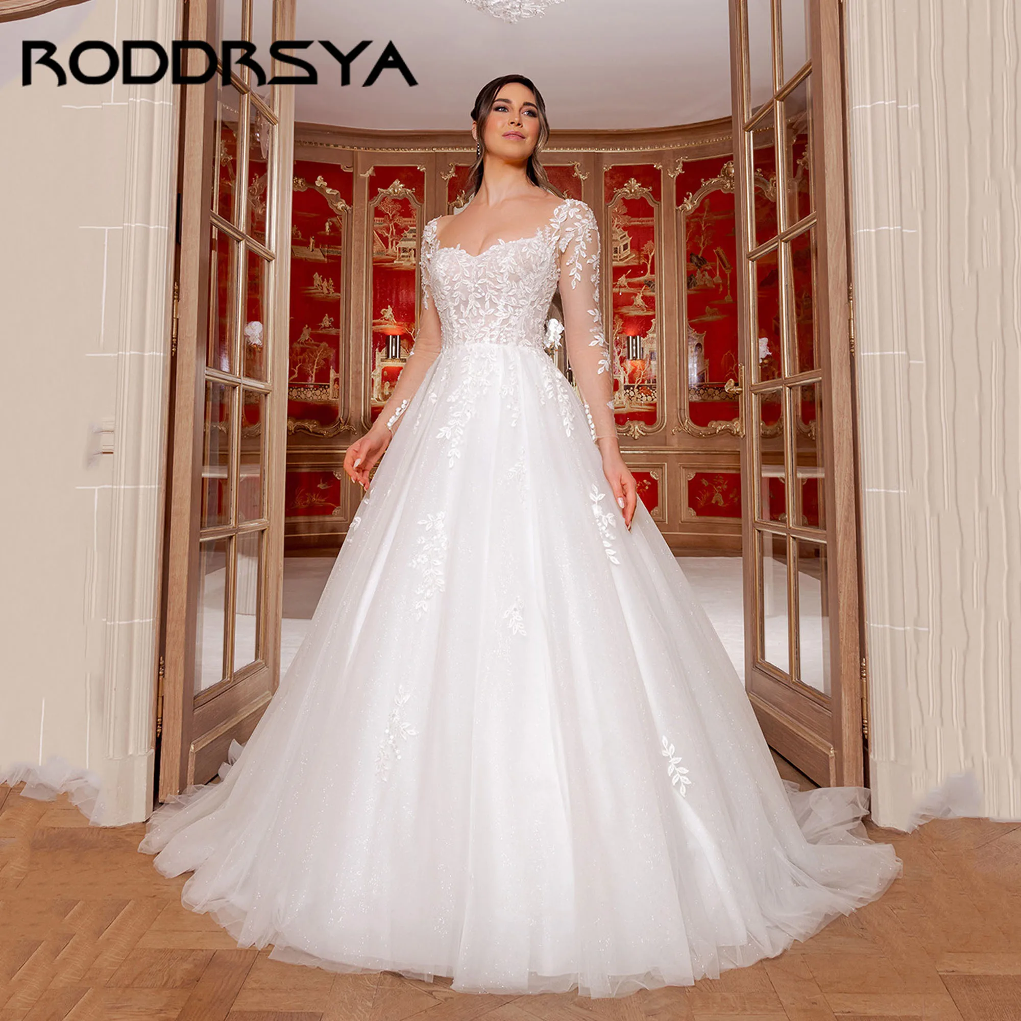 

RODDRSYA A-Line Tulle Bridal Dresses Detachable Long Sleeve V-Back Appliques Wedding Gowns Sweetheart robe de mariée Customized