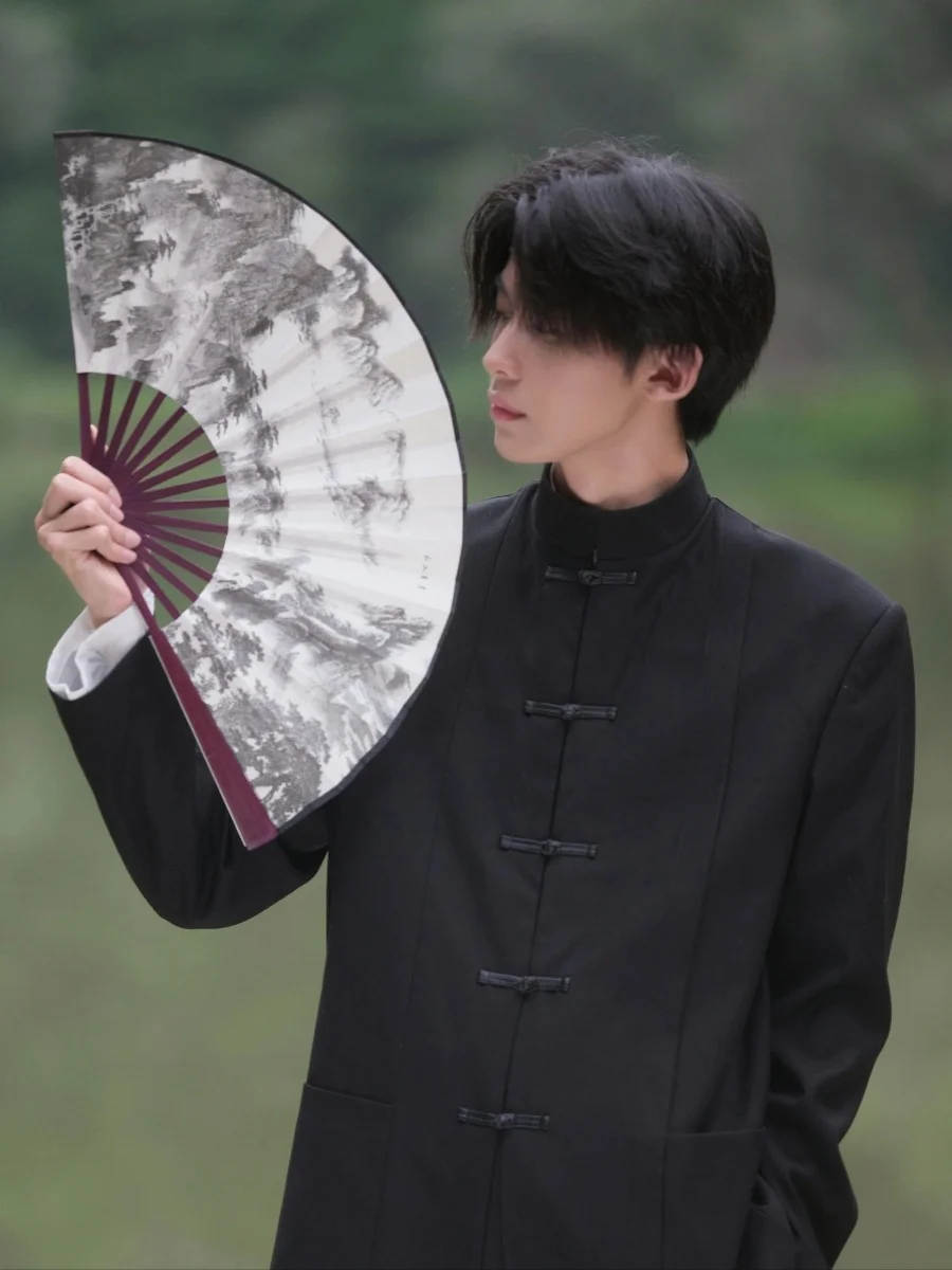 

New Chinese Sle Men's Bla Stand Collar Button Hanfu Outerwear High End Cool High Quali Zhongan Tang Suit M Model