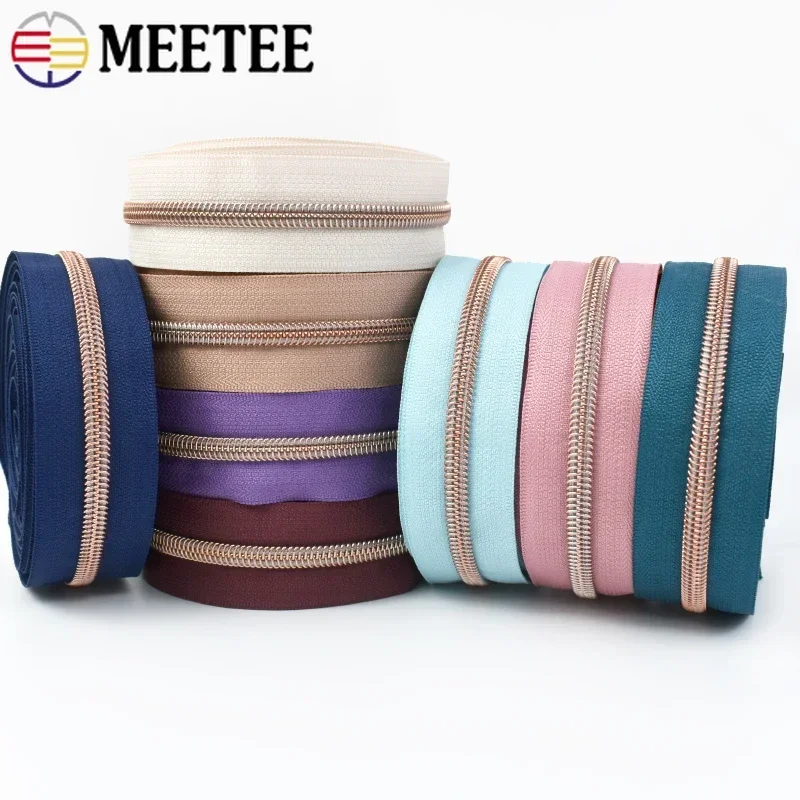 1-5M 5# RoseGold Nylon Zipper Sliders Bag Shoes Zippers Tape Per Meter Zips Pulls Heads Purse Repair Kit DIY Sewing Accessories