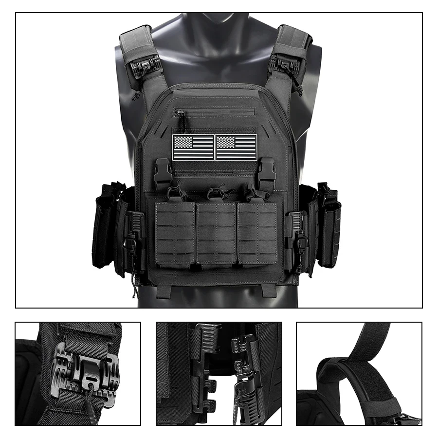 

Комбинированный жилет с быстросъемной системой и съемной регулируемой тройной сумкой.