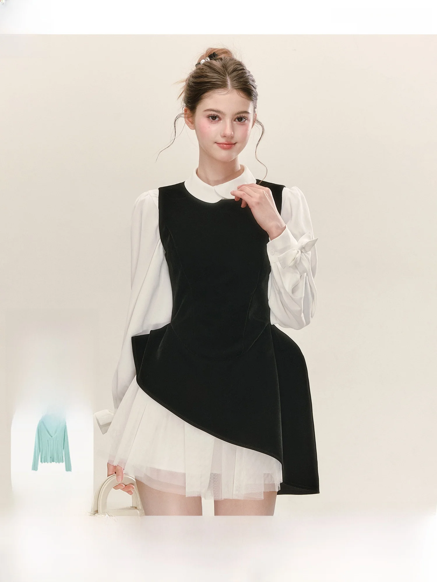 

QDQD Velvet Black Dress with Mesh Paneling Slimming Vest Style Women's Fashion Spring 2026 A-Line Skirt Long Sleeve