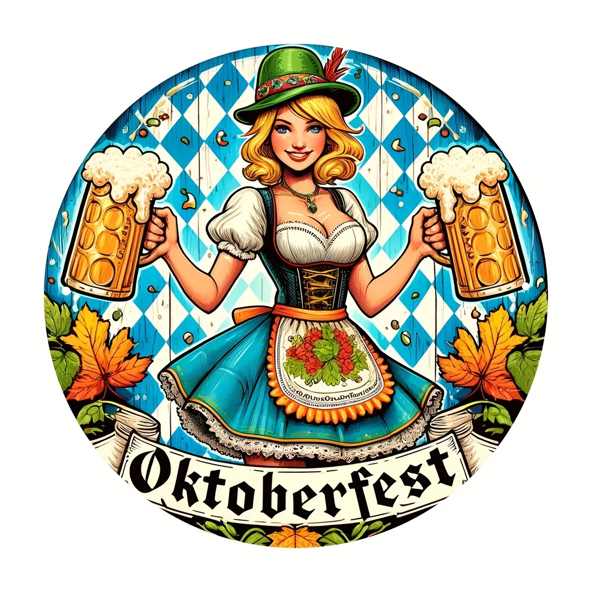 2D-Flachdruck, 1 Stück, Aluminium-Metallschild, Oktoberfest-Bierfest-Thema – 20,3 x 20,3 cm runde Aluminium-Wandkunst, festliches Mädchen mit Bier