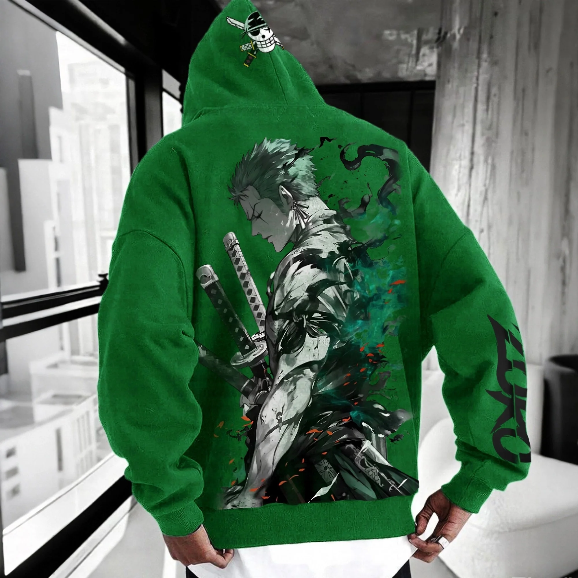 ワンピースゾログリーンパーカー男性女性秋冬ルーズカジュアルストリートウェアランニングフィットネス三刀流スタイルアニメスウェットシャツ
