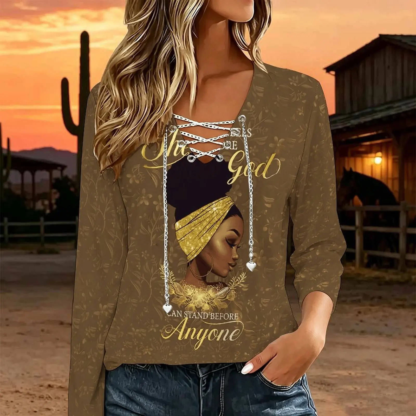 Blusa Casual Holgada para Mujer con Cuello en V, Manga Larga, Cadena Metálica, Cordones Cruzados, Recortes y Estampado Personalizado, Estilo Western