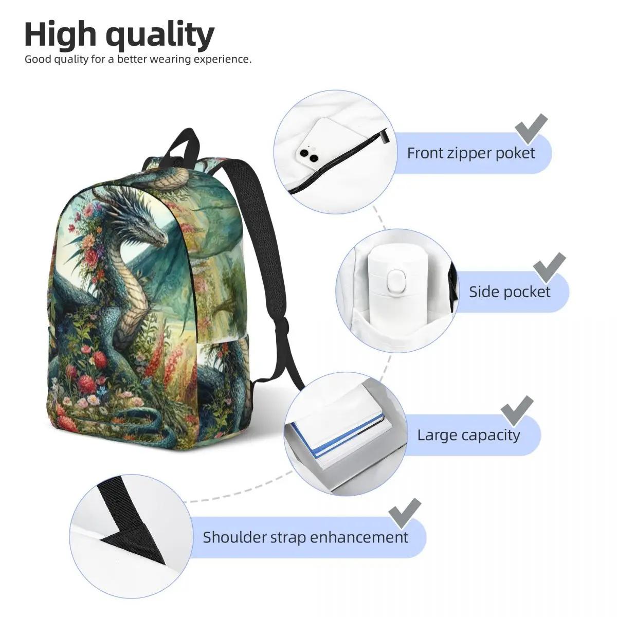 حقيبة ظهر مدرسية للطلاب من Dragon Green، حقيبة ظهر للمشي لمسافات طويلة والسفر للرجال والنساء، حقيبة كتب للأولاد والبنات، حقائب كتف