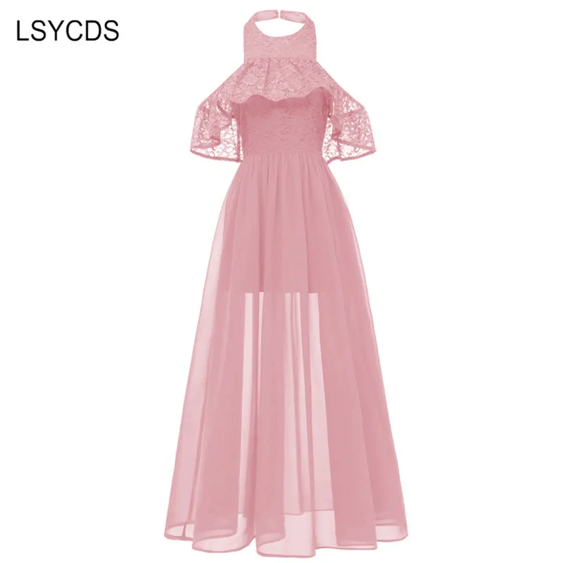 LSYCDS Halter Neck Lace Maxi Dress Sleeveless Chiffon High-end Women's Sexy Long Dress Evening Party Elegant Ladies Dress