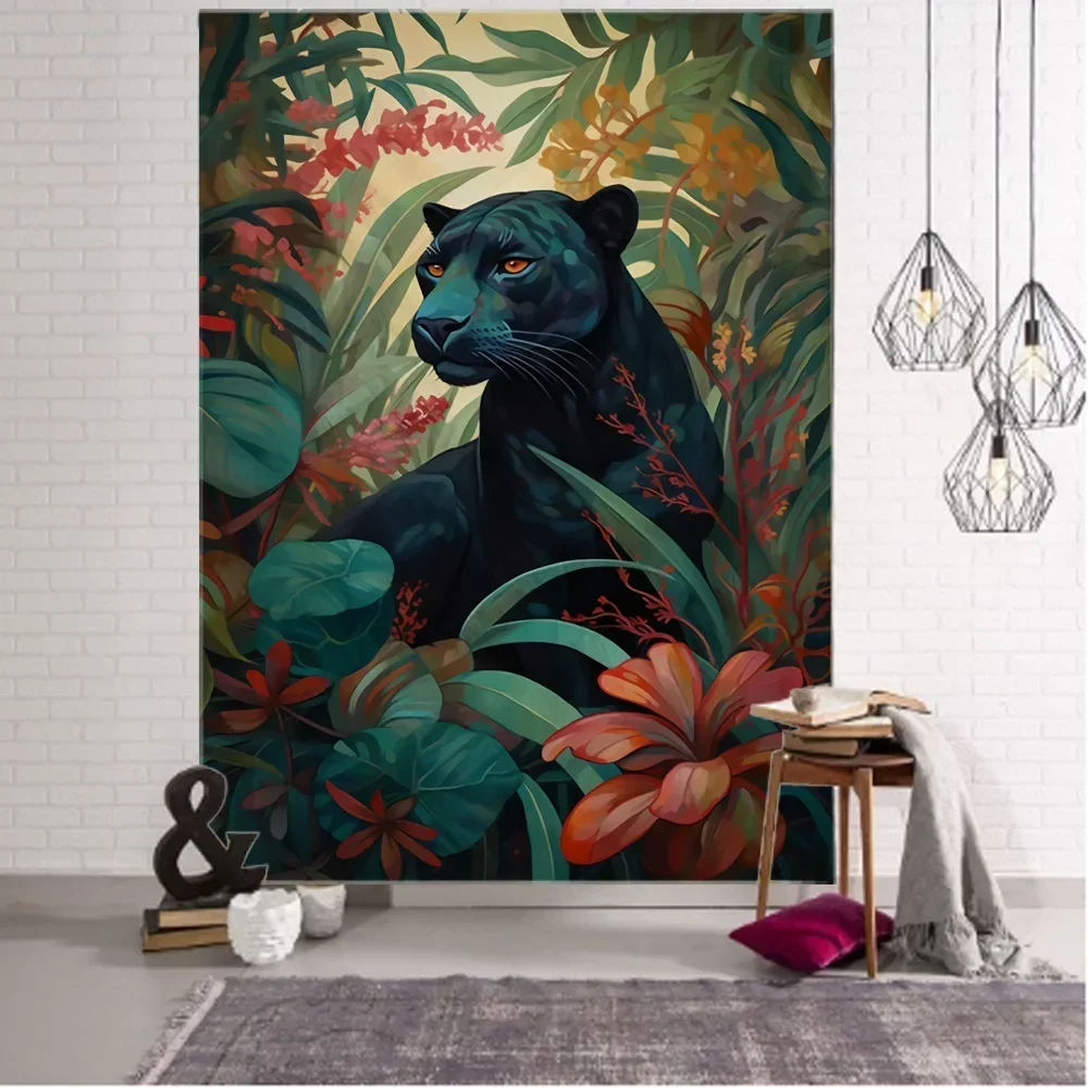 

Jungle Leopard tapestry tropical plant wall hanging bedroom dormitory printed fabric wall decoration animal background cloth