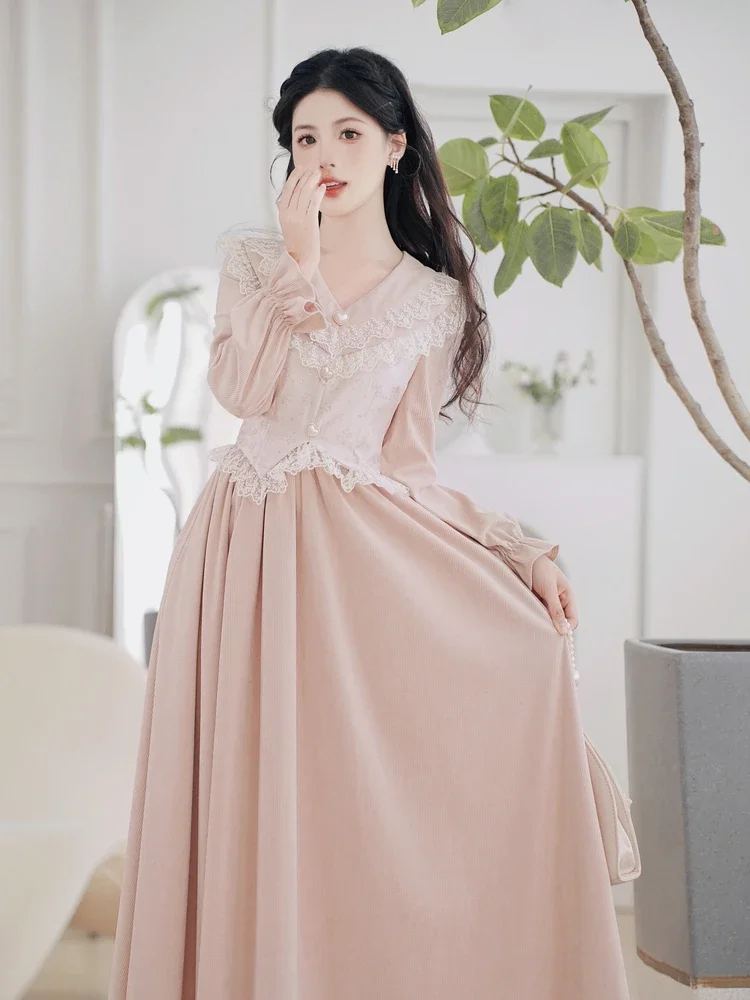 French Sweet Princess Dresses for Women Pink Cute Lace V-neck Kawaii Dress Spring Elegant Birthday Party Vestidos be mujer