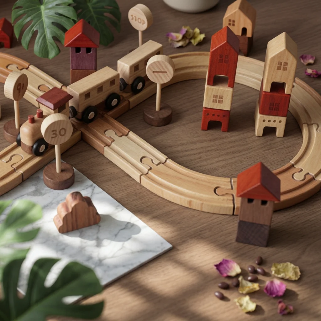 Set de Vías de Tren de Madera con Diseño de Estación, Juguete de Construcción de Vías de Tren de Madera, Juego Creativo, Estación de Tren de Madera con Acabado Liso