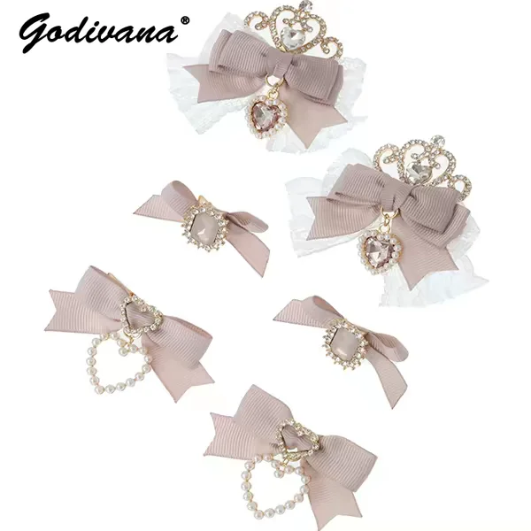 Japanese Style Liz Sweet Rhinestone Crown Heart Bow 6-piece Set Hair Clip Lolita Headwear Jewelry Hairpins