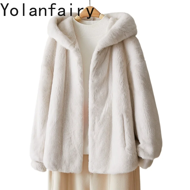 

YOLANFAIRY Роскошная шуба из натурального меха норки для женщин, зимняя элегантная куртка из натурального меха с капюшоном, модные меховые пальто, верхняя одежда для женщин
