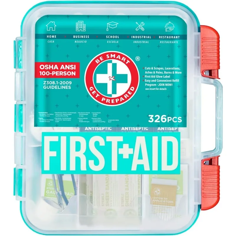 

Be Smart Get Prepared First Aid Kit, Teal, 326 Piece, Exceeds OSHA and ANSI Guidelines 100 People - Office, Home, Car, School,