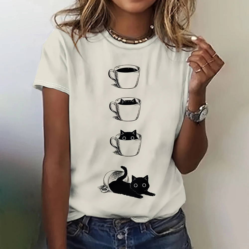 Desenhos animados 3D feminino com estampa Animal Camisetas, casual Streetwear solto, mangas curtas T-shirt, tops roupas femininas engraçadas,