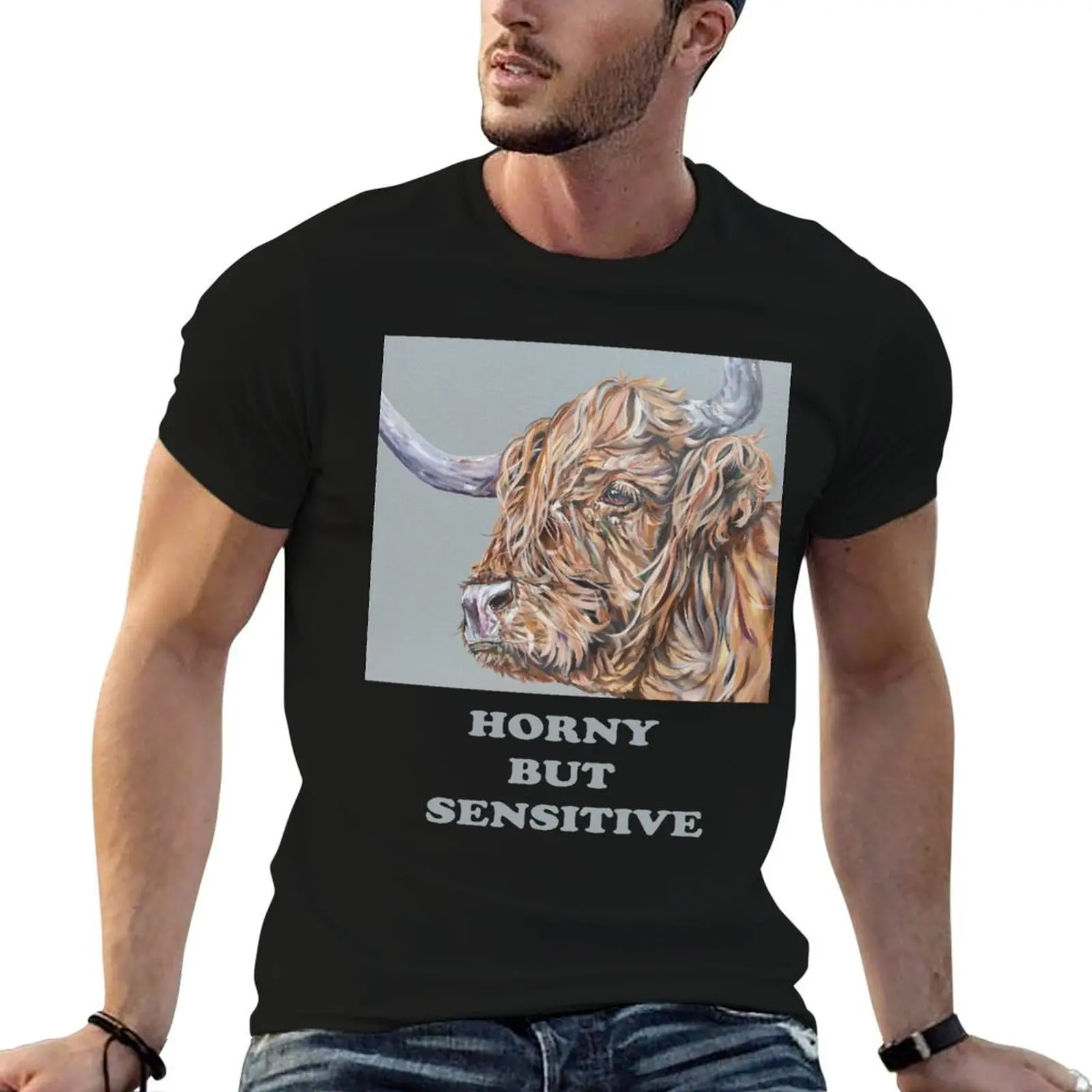 Horny But Sensitive Highland Cow. Highland hairy cow, Hairy Heilan Scottish coo art by award-winning UK artist Sam Fenne T-Shirt