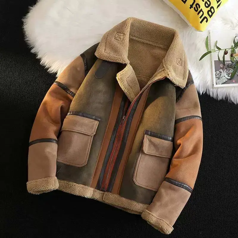 

Men's Thiened Lamb Fur Jaet Winter Warm Suede Coat Zipper Closure Long Sve Loose Fit Cotton Clothes Youth Faion