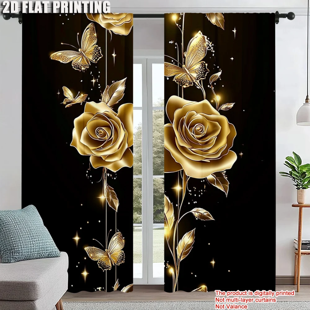 

2Pcs Gold Rose And Butterfly Window Curtain Protect Privacy Bedroom Living Room Decorative Curtain Valentine'S Day Romantic Gift