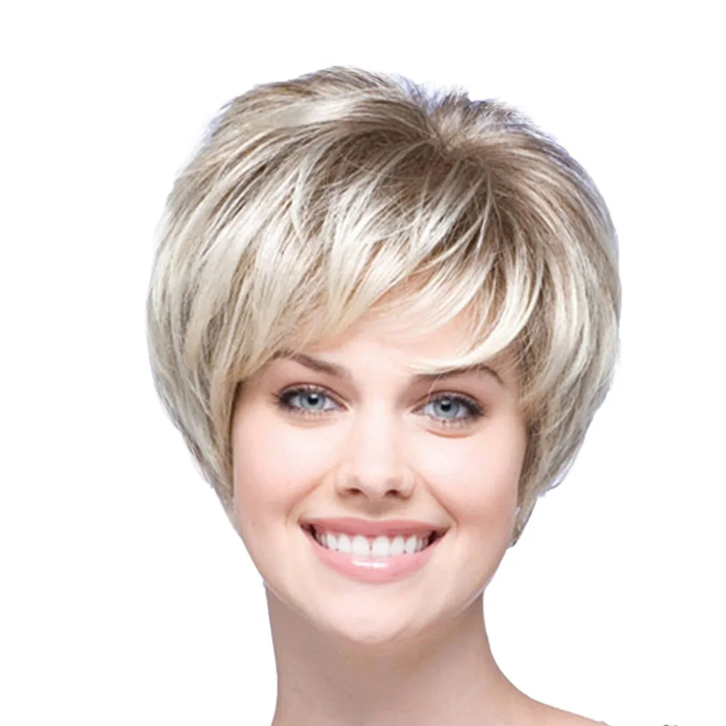 Women Natural Short Wavy White Gradient Wig Rose Net Synthetic Curly Wigs