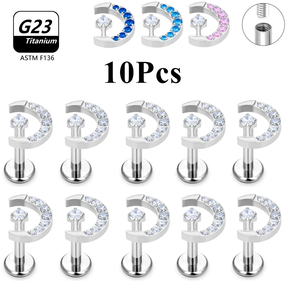 10Pcs G23 Titanium Ear Pierc Moon Shape CZ Lip Helix Studs Tongue Piercing Jewelry Cartilage Tragus Earrings Wholesale