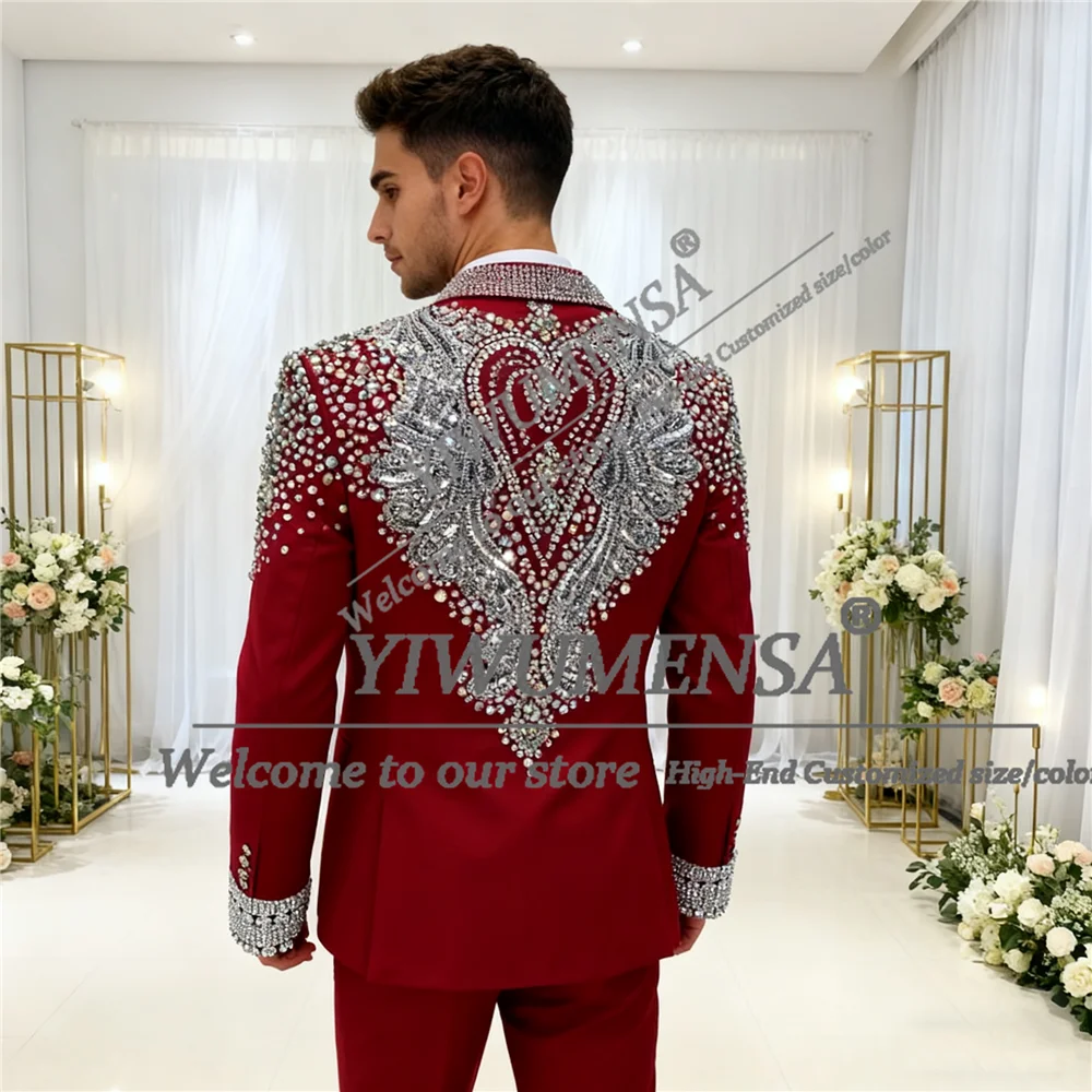 

Блестящий костюм со стразами и бисером для мужчин, индивидуальный пиджак для выпускного вечера, костюм из 2 предметов, однобортный свадебный смокинг для жениха