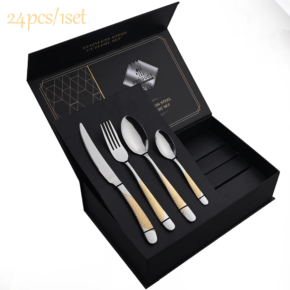 

AJOYOUS 24pcs/1se Dinnerware Set Stainless Steel Tableware Knife Fork Coffee Spoon Cutlery Kitchen Dinner Mirror Flatware