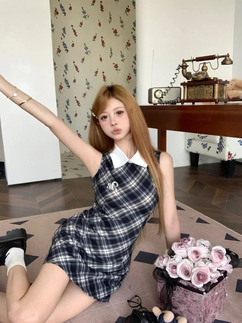 High street contraste vestidos vintage xadrez mini vestido feminino cinto polo colarinho sem mangas uma linha vestidos