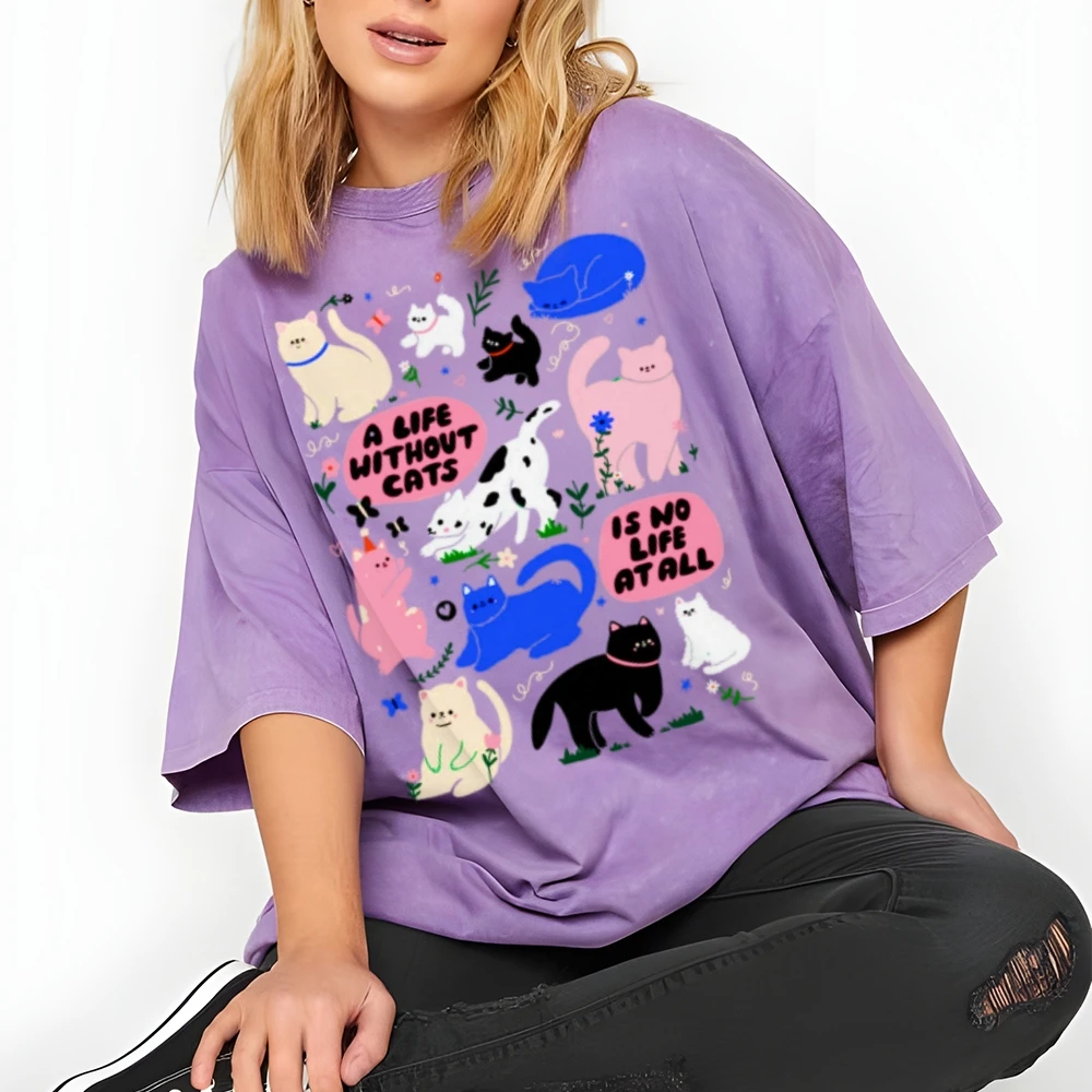 Kawaii Cat Print y2k Shirt Women Graphic Clothing Unisex Retro Shirt Funny Vintage Washed t-Shirt Top Tees
