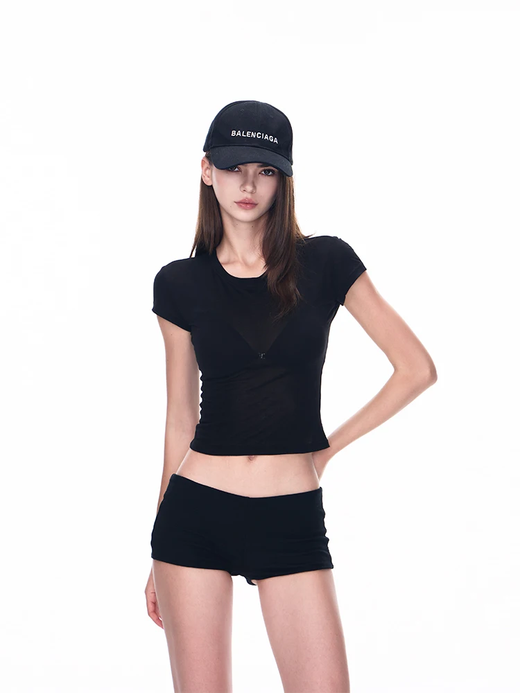 JLAUNT American Sle Hot Girl Sport Sweat T-Shirt Women Slim Fit Waist Cinch Shoulder Appropriate Cotton Feeling Black Top – סקירה ותיעוד מפורט