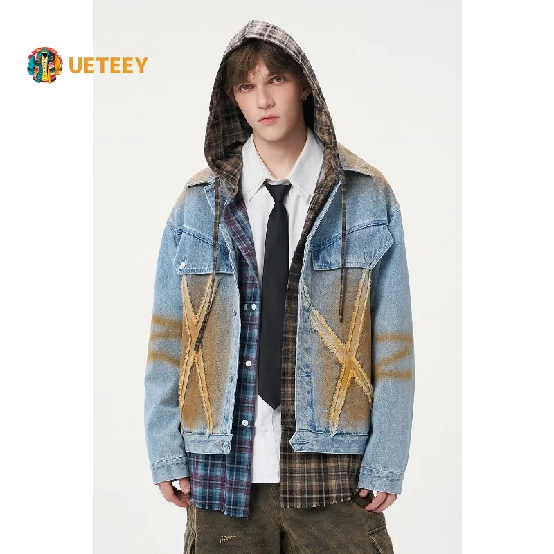 Men's Washed Vintage Denim Jacket Gradient Distressed Loose Streetwear Coat Unisex Oversized Casual Jacket Small Niche Design