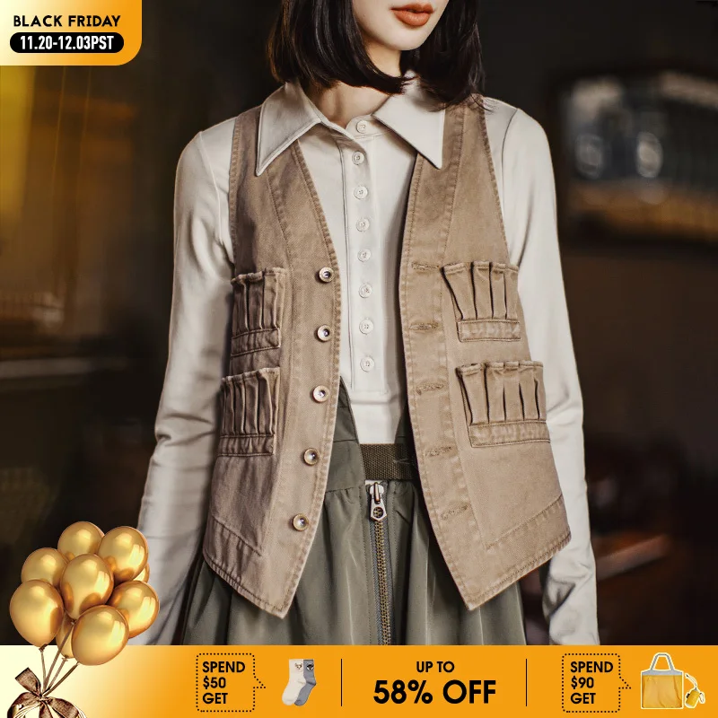 

Maden Women's Vintage Washed Cotton Vest V Neck Casual Sleeveless Jacket with Cargo Pockets Loose Fit Fall Layering Essential