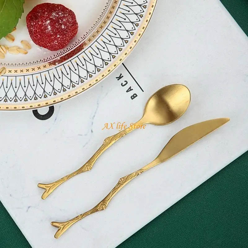 

J2HA 4pcs Stainless Steel Knife Spoon Set Kitchen Tableware Dessert Spoons Stirring Teaspoon Luxury Flatware