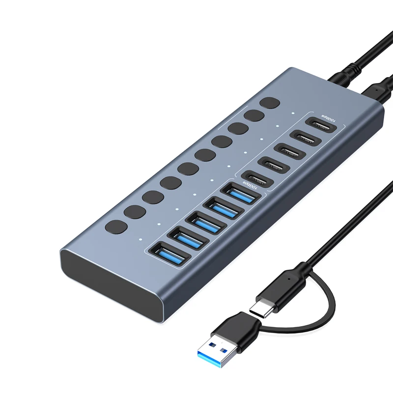 ACASIS 10Gbps 10/16 Portowy Hub USB 3.2 z Zasilaniem, Aluminiowy Rozszerzacz USB 3.2 Type-C Gen2 z Indywidualnymi Przełącznikami Włącz/Wyłącz — zdjęcie produktu 7