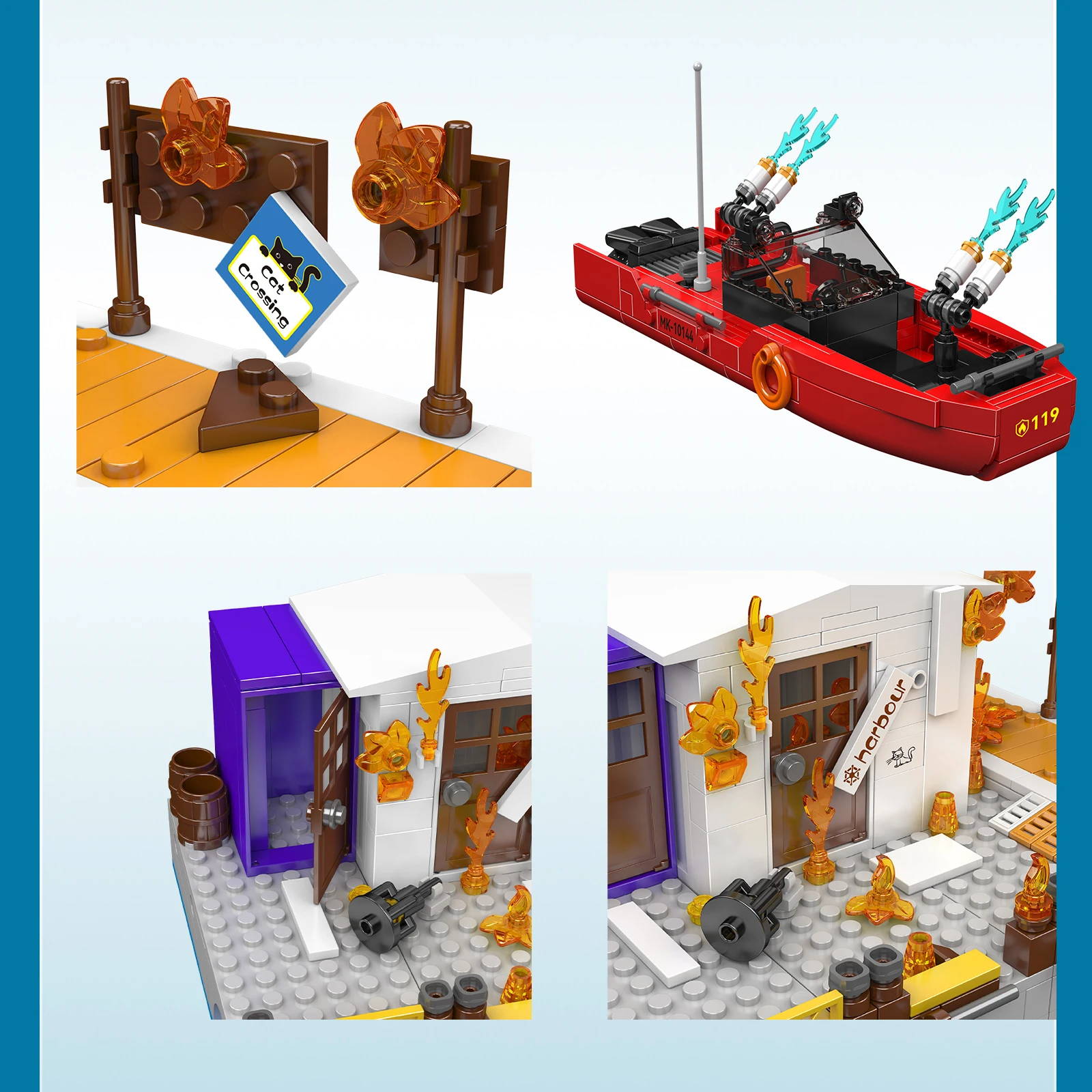 Mould King 10144 No.Fire At The Dock & Trapped Kitten Rescue Building Blocks Pier Cattery Lifeboat Model Kids Toys Gift 588PCS