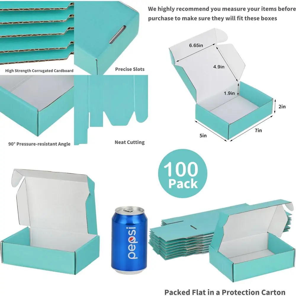 Pacote com 100 Caixas de Papelão Pequenas Teal de 7x5x2 Polegadas para Envio e Embalagem
