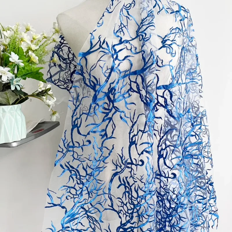 Fashionable Blue Creative Mesh Lace Fabric for DIY Women's Dress Clothing Accessories Designer Fabric By The Meter