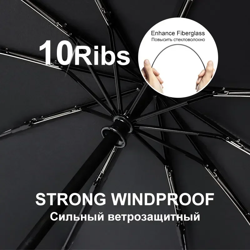 British Leather Handle Umbrella Men Automatic Business 10Ribs Strong Windproof 3 Folding Big Umbrella Rain Woman Quality Parasol