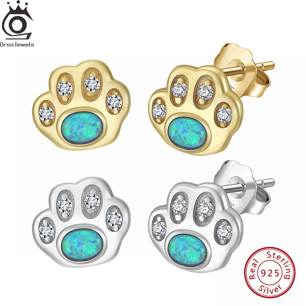 

ORSA JEWELS Women Opal Dog Paws Stud Earrings Cubic Zirconia CZ 925 Silver Cat Paw Dainty Stud Ear Jewelry for Female Gift SE402