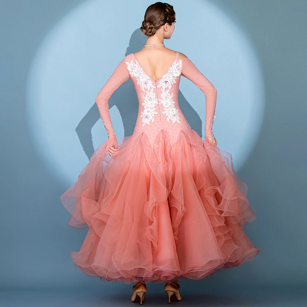 Decal Ballroom Championship High-end Flamenco กระโปรง Rhinestone สีชมพูฝึกเต้นรําชุดแขนยาวชุดเต้นรํา
