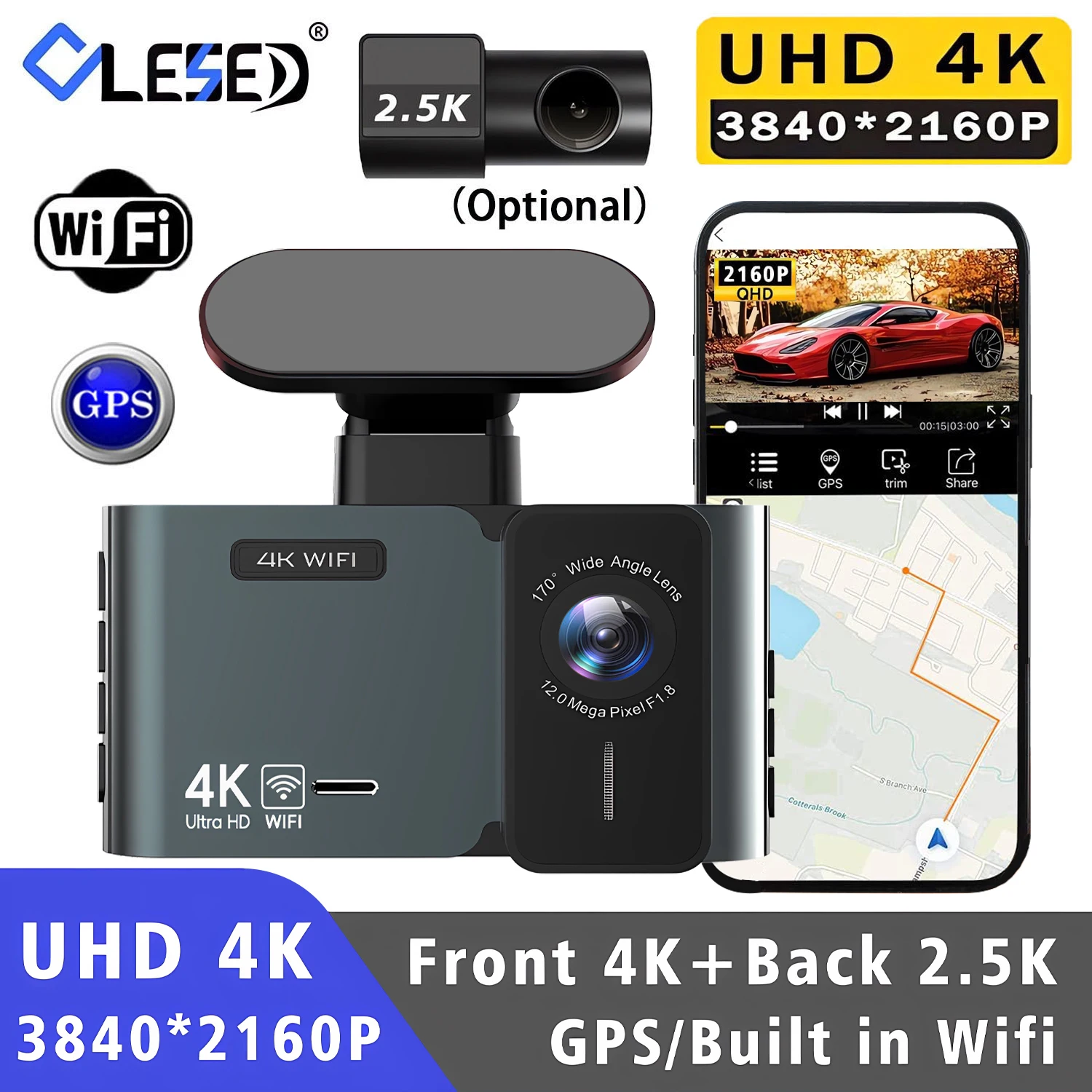 

4K 3840*2160P Ultra HD Dash Cam Night Vision With Back 2.5K 1440P Rear Car Video Camera WiFi GPS Logger G-Sensor Loop Recording