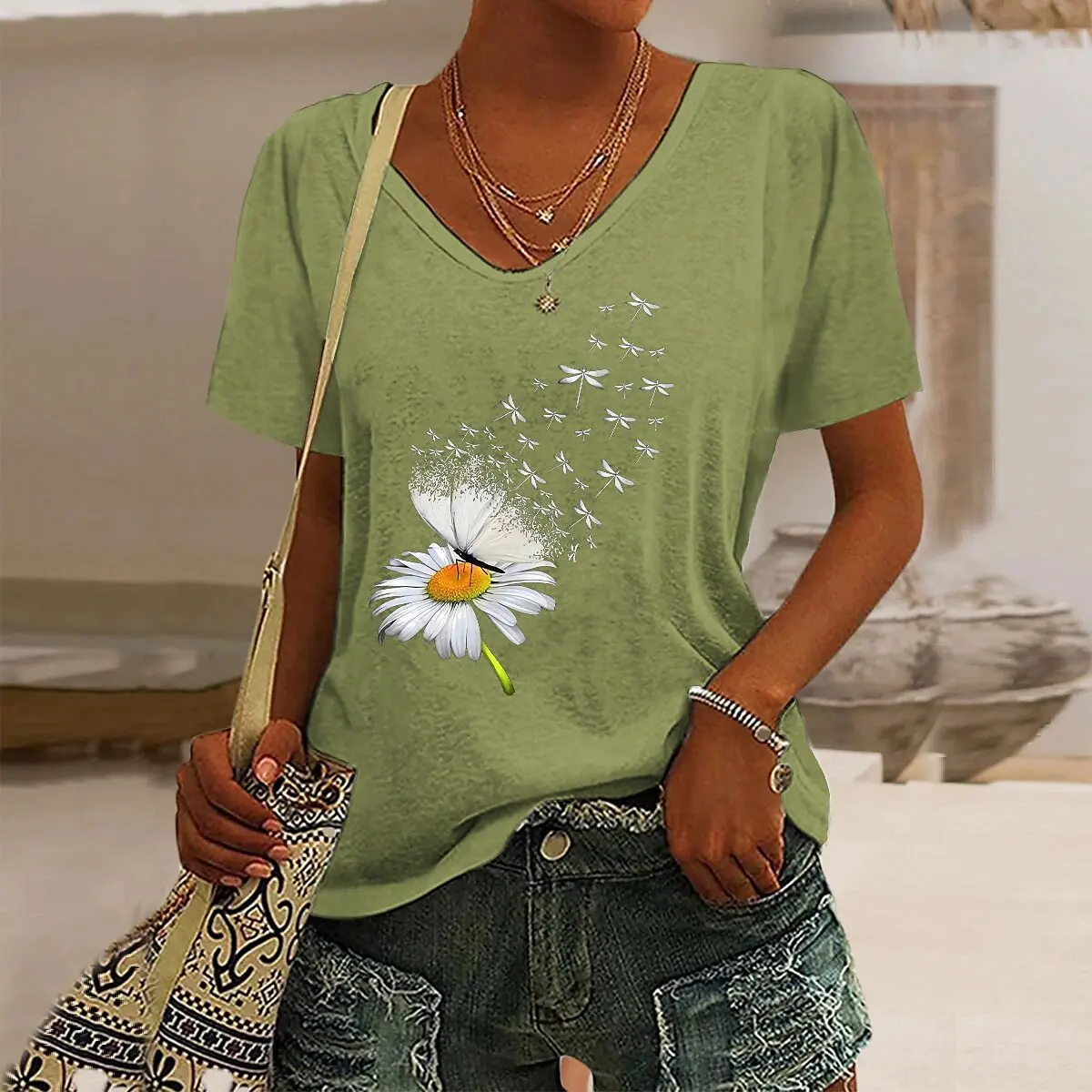 T-shirt da donna Farfalla Dente di leone Stampa grafica a maniche corte con scollo a V Y2k Moda Casual Street Abbigliamento estivo oversize