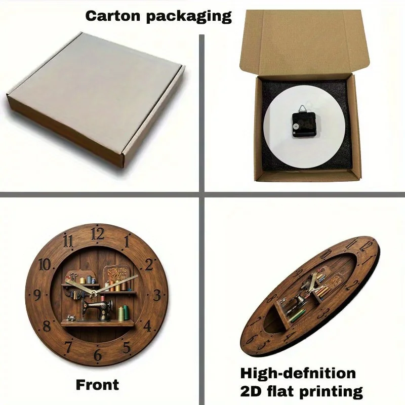 1 Sewing Machine Clock, 8-Inch Circular Acrylic Quartz Movement, Non Luminous Wood Design, With Wire Spool And Process