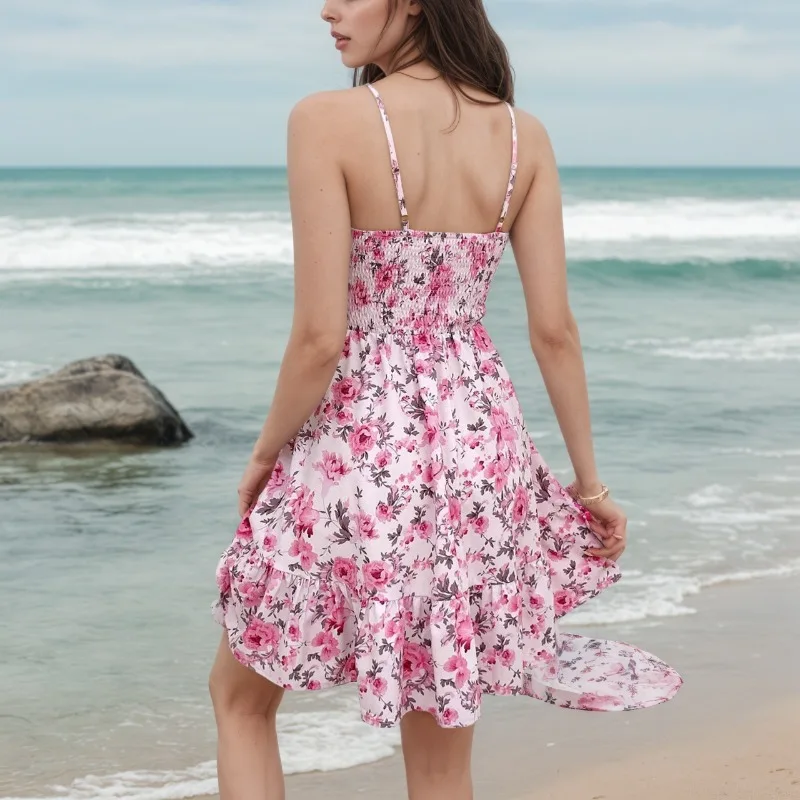 Mini robe de plage pour femmes, motif floral, taille smockée, bretelles Spaghetti, été
