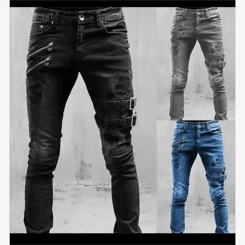 

Men's Fashionable Motorcycle Personality Jeans Elastic Slim Fit Casual High Waist Long Pants Spring Season Low Waist Cross Pants