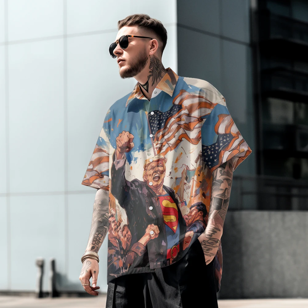 

Summer casual oversized short sleeved shirt with portrait print, loose Hawaiian beach fashion, comfortable single row buttons