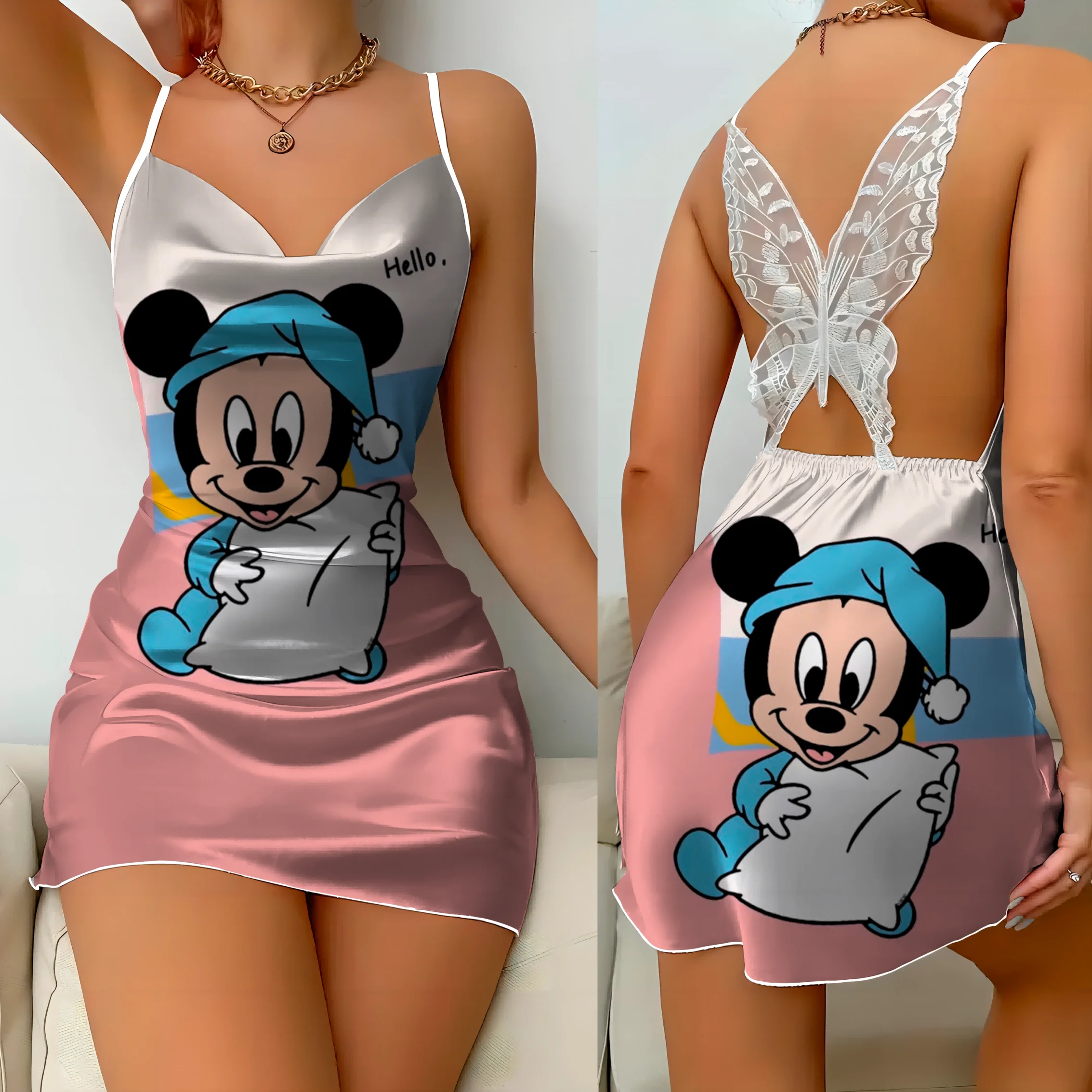 Backless Dress Sexy Dresses Satin Surface Minnie Mouse Mickey Disney Pajama Skirt Bow Knot Womens Fashion Summer 2024 Party Mini