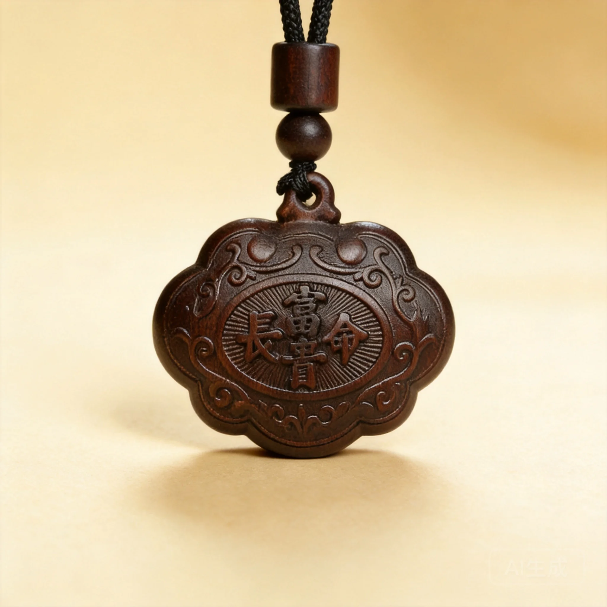 Chinese Style Natural Thunder Struck Jujube Wood Carved Longevity Lucky Lock Pendant Necklace For Kids Blessing Peace Wealth For